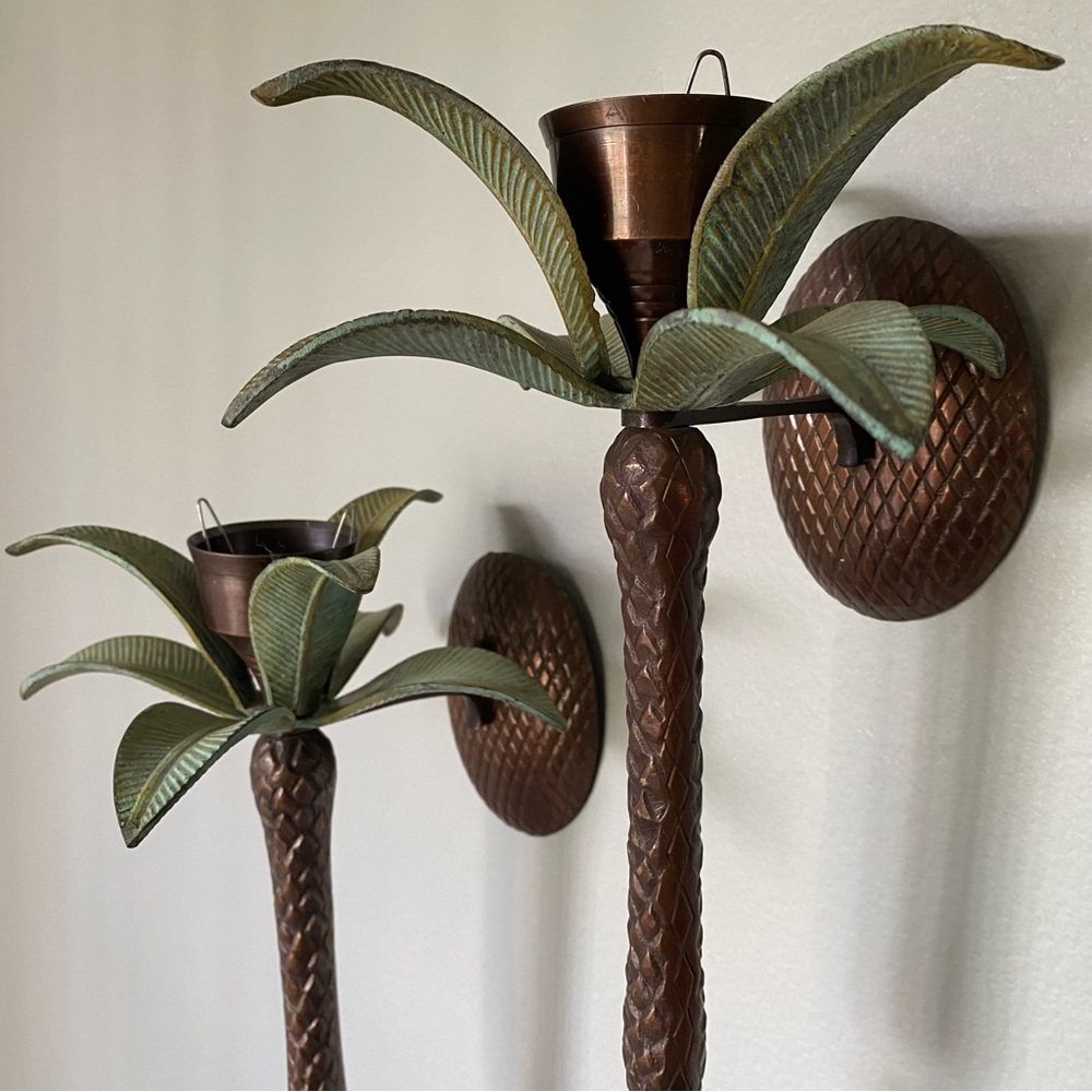 Pair Vintage 12” Hollywood Regency Style Palm Tree Brass Metal Wall Sconce Decor - Picture 3 of 6